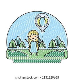 grunge girl with earth planet balloon in the landscape