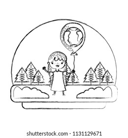 grunge girl with earth planet balloon in the landscape