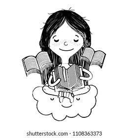 grunge girl sitting in the cloud and reading books