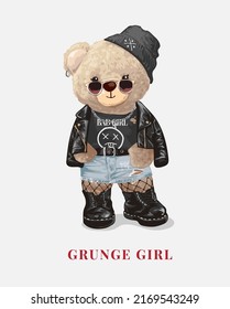 Grunge Girl Slogan With Bear Doll In Grunge Fashion Style Vector Illustration