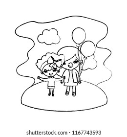 grunge girls children with funny balloons in the landscape