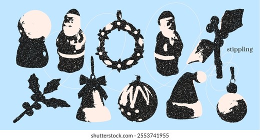 Grunge glam Christmas collage elements set with vintage stippled photocopy texture. Vector illustration