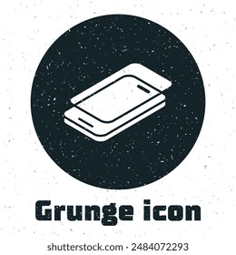 Grunge Glass screen protector for smartphone icon isolated on white background. Protective film for glass. Transparent soft glass for mobile phone. Monochrome vintage drawing. Vector