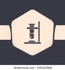 Grunge Glass test tube flask on fire heater experiment icon isolated on grey background. Laboratory equipment. Monochrome vintage drawing. Vector Illustration