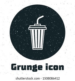 Grunge Glass with water icon isolated on white background. Soda drink glass with drinking straw. Fresh cold beverage symbol.  Vector Illustration