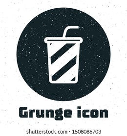 Grunge Glass with water icon isolated on white background. Soda drink glass with drinking straw. Fresh cold beverage symbol.  Vector Illustration