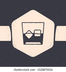 Grunge Glass of whiskey and ice cubes icon isolated on grey background. Monochrome vintage drawing. Vector Illustration