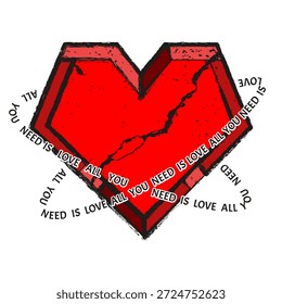 Grunge Glitch efecto corazón rojo con texto de amor aislado fondo transparente. Ilustración vectorial de corazón rojo roto con contorno de textura Grunge. Camiseta perfecta y estampado de sudaderas con capucha. EPS 10