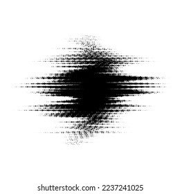 Grunge glitched halftone spot. Distorted comic pop art textured stain. Spotted dots background blot. Monochrome design element. Vector 