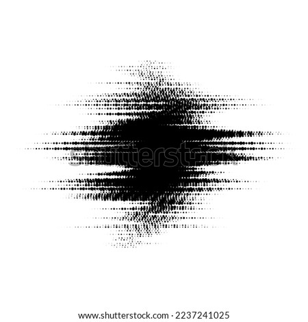 Grunge glitched halftone spot. Distorted comic pop art textured stain. Spotted dots background blot. Monochrome design element. Vector 