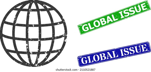 Grunge Global Icon And Rectangular Corroded Global Issue Stamp. Vector Green Global Issue And Blue Global Issue Seals With Corroded Rubber Texture, Designed For Globe Illustration.