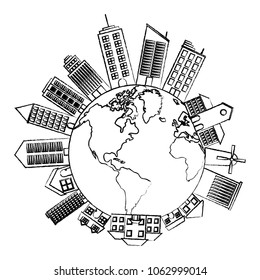 grunge global planet with architecture buildings and houses