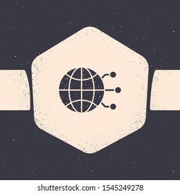 Grunge Global technology or social network icon isolated on grey background. Monochrome vintage drawing. Vector Illustration