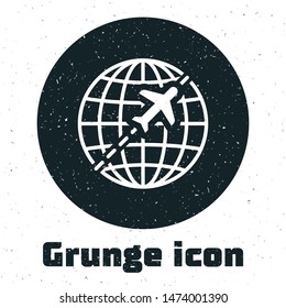 Grunge Globe with flying plane icon isolated on white background. Airplane fly around the planet earth. Aircraft world icon.  Vector Illustration