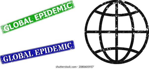 Grunge globe icon and rectangle rubber Global Epidemic stamp. Vector green Global Epidemic and blue Global Epidemic seals with grunge rubber texture, designed for globe illustration.