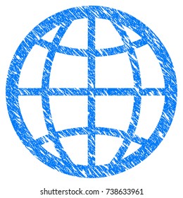 Grunge Globe icon with scratched design and dirty texture. Unclean vector blue Globe pictogram for rubber seal stamp imitations and watermarks. Draft sign symbol.