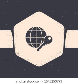 Grunge Globe key icon isolated on grey background. Monochrome vintage drawing. Vector Illustration