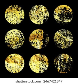 Grunge gold foil, shiny handmade circles. Golden glittering texture, pattern. Luxury shining hand drawn background. Wedding, greeting card decoration elements. Modern art. Vector illustration