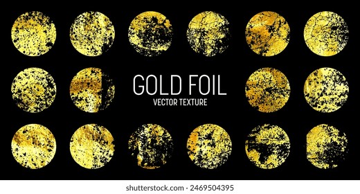 Grunge gold foil, shiny handmade circles. Golden glittering texture, pattern. Luxury shining hand drawn background. Wedding, greeting card decoration elements. Modern art. Vector illustration