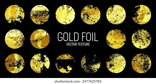 Grunge gold foil, shiny handmade circles. Golden glittering texture, pattern. Luxury shining hand drawn background. Wedding, greeting card decoration elements. Modern art. Vector illustration