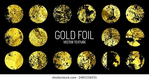 Grunge gold foil, shiny handmade circles. Golden glittering texture, pattern. Luxury shining hand drawn background. Wedding, greeting card decoration elements. Modern art. Vector illustration