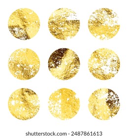 Grunge gold foil, shiny handmade circles. Golden glittering texture, pattern. Luxury shining hand drawn background. Wedding, greeting card decoration elements. Modern art. Vector illustration.