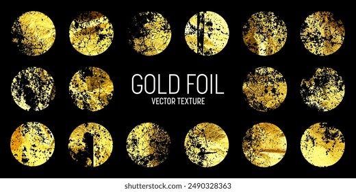 Grunge gold foil, shiny handmade circles. Golden glittering texture, pattern. Luxury shining hand drawn background. Wedding, greeting card decoration elements. Modern art. Vector illustration