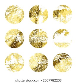 Grunge gold foil, shiny handmade circles. Golden glittering texture, pattern. Luxury shining hand drawn background. Wedding, greeting card decoration elements. Modern art. Vector illustration