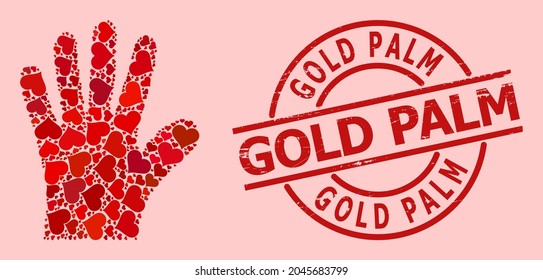 Grunge Gold Palm stamp seal, and red love heart mosaic for hand palm. Red round stamp seal includes Gold Palm caption inside circle. Hand palm mosaic is constructed with red wedding icons.