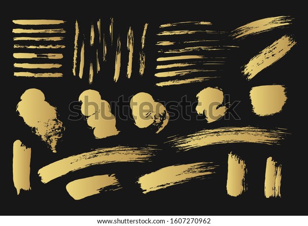 Grunge golden brush stamps and\
strokes. Vector paint stripes. Isolated dirty paintbrush frame set.\
Chinese gold rough box shapes. Torn border. Distressed\
banner.