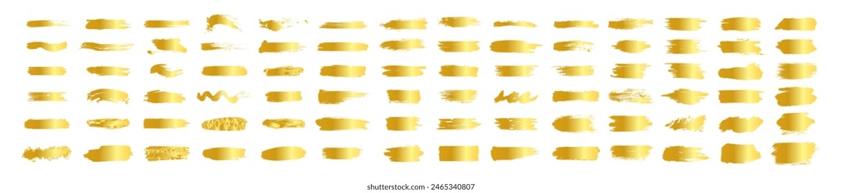 Grunge golden design elements paint roller, brush strokes. Set of vector paint brush stroke, ink splash and grungy decoration elements
