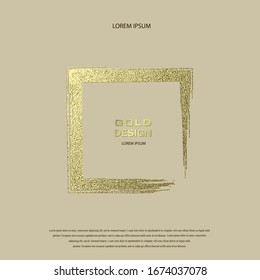 Grunge golden frame on beige background. Square luxury vintage border, stamp.Trendy, label, logo design element. Drawn shape vector Illustration. Gold Brush abstract wave.