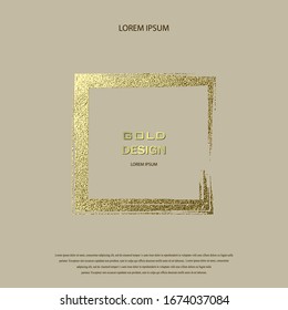 Grunge golden frame on beige background. Square luxury vintage border, stamp.Trendy, label, logo design element. Drawn shape vector Illustration. Gold Brush abstract wave.