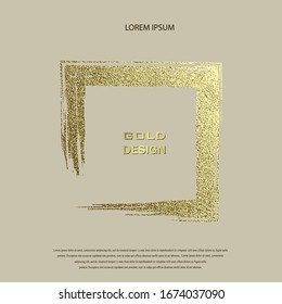 Grunge golden frame on beige background. Square luxury vintage border, stamp.Trendy, label, logo design element. Drawn shape vector Illustration. Gold Brush abstract wave.
