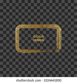 Grunge golden frame on transparent background. Rectangular luxury vintage border, stamp.Trendy, label, logo design element. Drawn shape vector Illustration. Gold Brush abstract wave.