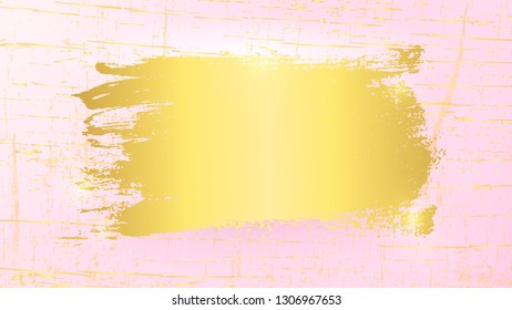 Grunge golden frame. Place for text. Golden texture. Paint stains. Ink splash. Poster. Bunner. Grungy background. Pastel pink.