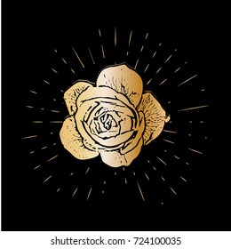 Grunge golden rose flower with burst on a black background . Vector illustration for postcards, calendars, posters, t-shirts, prints, cards, flyer.