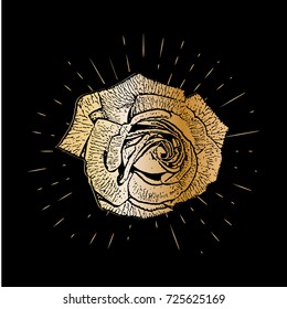Grunge golden rose flower with burst on a black background . Vector illustration for postcards, calendars, posters, t-shirts, prints, cards, flyer.