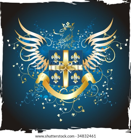 Grunge golden shield with gryphon's head and fleur-de-lis