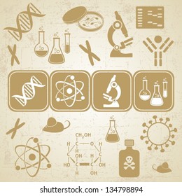 Grunge golden-brown card with molecular biology science icons