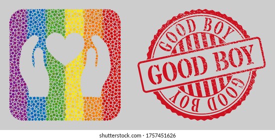 Grunge Good Boy stamp seal and mosaic love heart care hands hole for LGBT. Dotted rounded rectangle mosaic is around love heart care hands subtracted shape. LGBT rainbow colors.