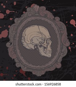 grunge gothic vector illustration with skull in vintage frame in black and grey color