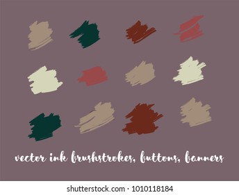 Grunge Gouache Vector Buttons Set. Brown Ink Splats, Banners, Hand Painted Smears. Hipster Graffiti Ads Borders, Vintage Paintbrush Doodles. Cool Chocolate Smears, Graffiti Paint Vector Buttons Set.