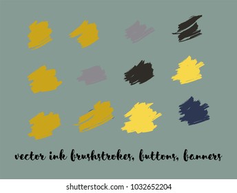 Grunge Gouache Vector Buttons Set. Modern Ink Splats, Banners, Hand Painted Smears. Hipster Graffiti Ads Borders, Vintage Paintbrush Doodles. Uneven Borders, Paint Vector Brushstrokes Set.