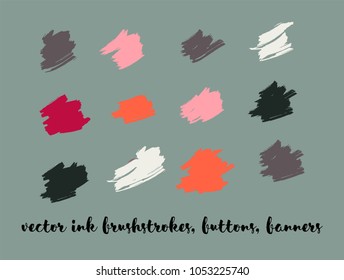 Grunge Gouache Vector Buttons Set. Brown Ink Splats, Banners, Chocolate Smears. Hipster Graffiti Ads Borders, Vintage Textured Doodles. Tasty Chocolate Smears, Graffiti Paint Vector Buttons Set.