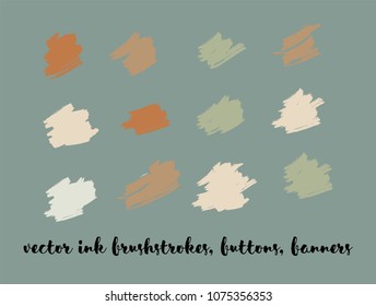 Grunge Gouache Vector Buttons Set. Modern Ink Splats, Banners, Hand Painted Smears. Hipster Graffiti Ads Borders, Vintage Textured Doodles. Cool Smeared Borders, Vector Gouache Buttons Set.