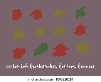Grunge Gouache Vector Buttons Set. Trendy Ink Splats, Banners, Hand Painted Smears. Hipster Graffiti Ads Borders, Vintage Paintbrush Doodles. Tasty Chocolate Smears, Trendy Paint Vector Brush Strokes.
