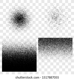Grunge gradient and spray halftone vector set, sand or stipple transparent grainy texture background or backdrop