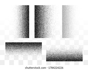 Grunge gradient spray horizontal and vertical textures set or stipple grainy transparent halftone sand vector background, splatter backdrop illustration