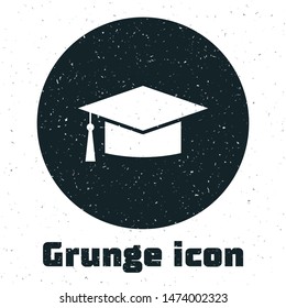 Grunge Graduation cap icon isolated on white background. Graduation hat with tassel icon.  Vector Illustration